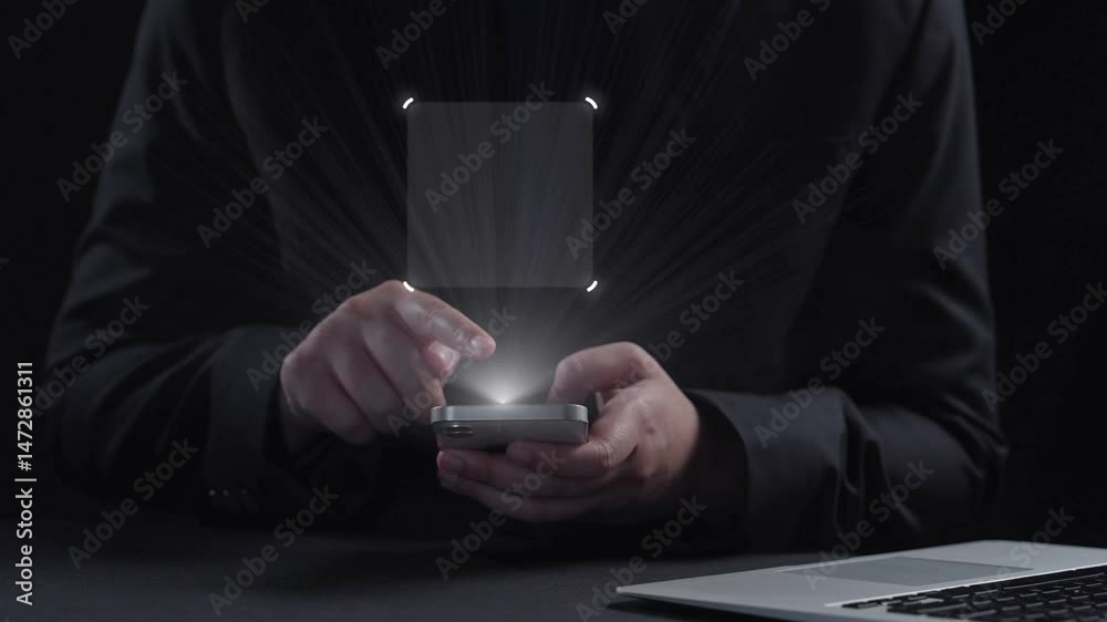 Poster business person checking email inbox, organizing and prioritizing messages for better productivity. 