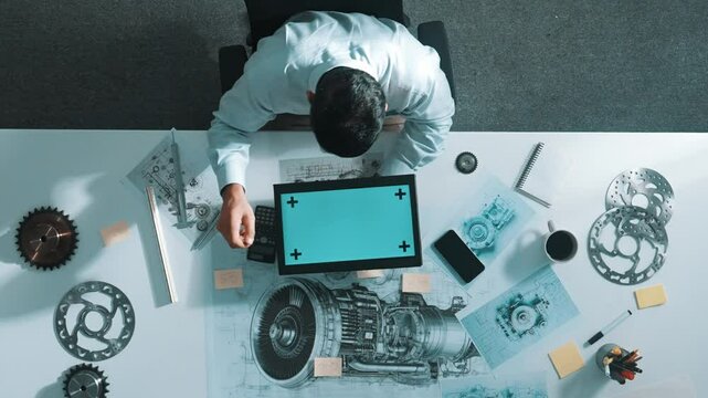 Professional engineer looking at phone while working on tablet with green screen at meeting table with turbine engine or jet engine sketch design and various metal gear scatter around. Alimentation.