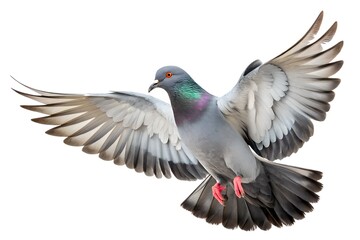 Obraz premium Pigeon in Flight: A majestic rock pigeon takes flight, wings spread wide, showcasing its iridescent feathers and powerful musculature against a clean backdrop.
