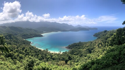 Stunning coastal view of a pristine bay, surrounded by lush green jungle, with clear turquoise waters.  A tranquil scene of nature's beauty