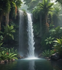 Serene waterfall cascading through vibrant tropical foliage ,  untouched,  exotic,  natural
