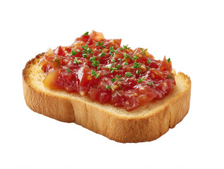 Delicious Bruschetta Toast with Freshly Diced Tomatoes and Thyme, Appetizing Italian Cuisine, Isolated on White