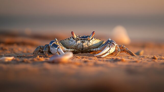 A blue crab on a sandy beach at sunset, facing the viewer.  Shells are visible in the foreground and background