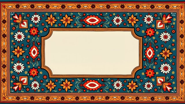 Thrissur Pooram (Dates vary, often in May, Kerala) sale banner design free space in the center Madhubani Paintings style
