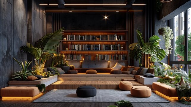 Collaborative library corner within a modern office featuring curated architecture and design books Soft seating and warm lighting create an inviting space for inspiration and quiet research