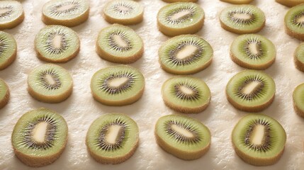   A clear photo of two sliced kiwis placed on a white cookie sheet for display purposes