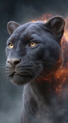Black Panther in Fiery Embrace: A Dramatic Digital Painting