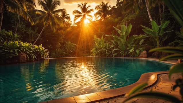 An amazing sunset casts a golden glow over a tropical pool surrounded by palm trees.