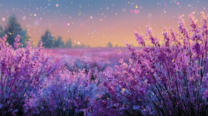 Obraz premium Vivid Lavender Field at Sunset With Colorful Sparkles in the Sky