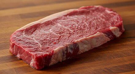 Fototapeta premium Enticing Raw Ribeye Steak Resting on a Rustic Wooden Cutting Board