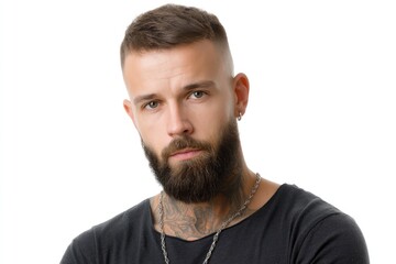 Fototapeta premium Stylish Man with Full Beard, Neck Tattoo, and Silver Chain