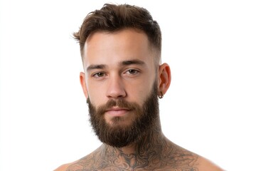 Obraz premium Bearded Man: Intense Gaze, Neck Tattoo, Studio Portrait