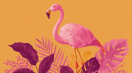  Flamingo on green plant, yellow & pink background with leaf details