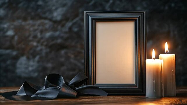 Solemn remembrance display with candles, ribbon and blank picture frame on wooden surface