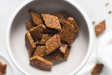 Overhead view of groundnut cake, top view of nkatie cake or peanut cake, flatlay of nkate candy bar made with roasted peanuts and sugar
