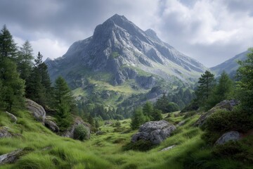 Fototapeta premium Majestic Mountain Peak: Serene Alpine Valley Landscape