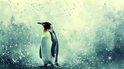 Obraz premium A Painting of a Penguin Standing in Front of a Green Background with Snow Flakes