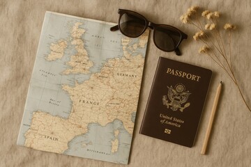 Flat lay of travel essentials including passport, map, pencil and sunglasses, perfect for trip planning and vacation themes.








