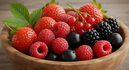 Obraz premium Assortment Of Fresh Ripe Berries In Wooden Bowl With Natural Light