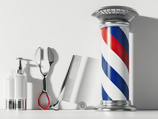 Barber shop tools and supplies.  A classic barber pole stands alongside essential hairdressing tools and products on a white surface