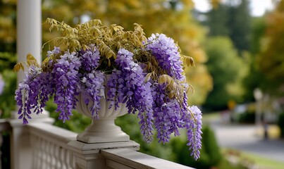 Obraz premium Wisteria cascades from Grecian planter porch view