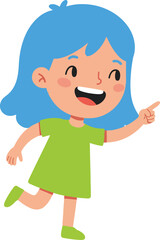 Happy young girl with blue hair running and pointing finger in cheerful green dress and shoes vector illustration 