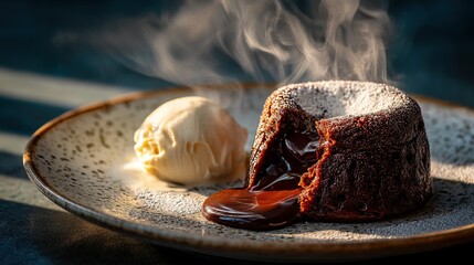   A slice of cake with a dollop of ice cream and a drizzle of sauce on the plate