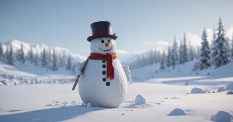 Obraz premium Frosty snowman amidst snowy expanse, winter gear scattered around, field, nature