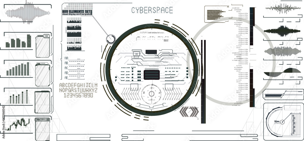 Poster futuristic digital interface displaying data analytics and visualizations in cyberspace environment.