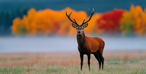 Majestic Stag Standing in a Field With Vibrant Autumn Foliage in the Background by a Serene Lake