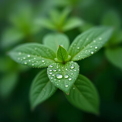 Beauty of green. Close-up of dewdrops on green leaves with blurred background. 
