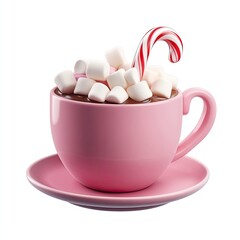 Pink cup filled with hot chocolate, marshmallows, and candy cane