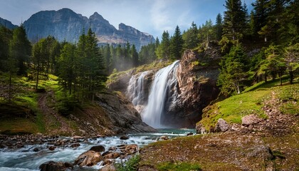cascading waterfall in mountains surrounded by forest scenic landscape background