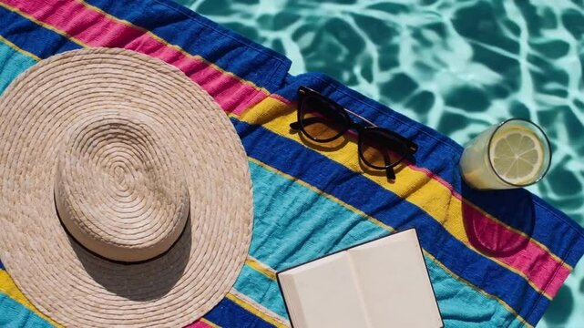 Straw hat, sunglasses and book on a colorful towel beside a swimming pool. Summer vacation, relaxation, leisure and travel lifestyle concept.