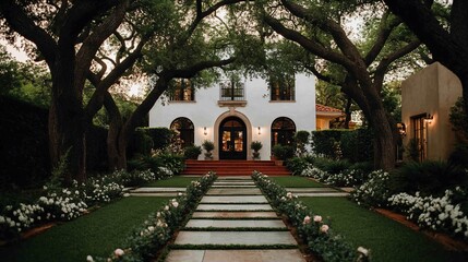 Obraz premium A grand white stucco house with arched doorways, flanked by lush landscaping and a stone pathway, sits under a canopy of large trees