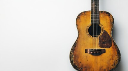 Naklejka premium Vintage acoustic guitar with worn wood texture and aged finish old art folk music brown music blues