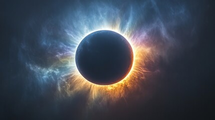 Obraz premium A solar eclipse with a dark moon at the center, surrounded by a colorful rainbow halo and glowing corona against a dark sky