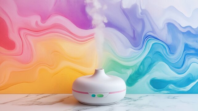 Minimalistic white diffuser emitting vapor against a colorful, abstract rainbow background with swirling pastel hues