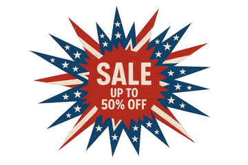 Sale sign with "Sale up to % off" text in bold red letters, prominent white numbers, and a stylish design, isolated on transparent background.
