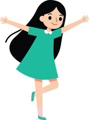 Happy young girl with long black hair dancing in green dress and pink socks vector illustration 