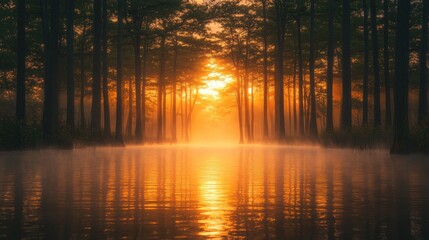 Obraz premium Sunrise in a misty swamp forest