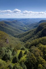 Fototapeta premium Serene Mountain Valley: Lush Green Landscape Under a Blue Sky