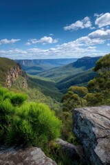 Naklejka premium Serene Valley Vista: Lush Greenery and Majestic Cliffs under a Blue Sky