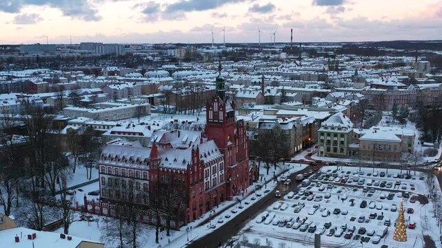 Winter scenery of the city of Slupsk at dusk, Poland.