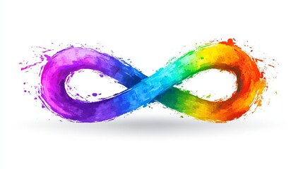 Minimalistic illustration of a rainbow-colored infinity symbol with a paint splatter effect on a white background