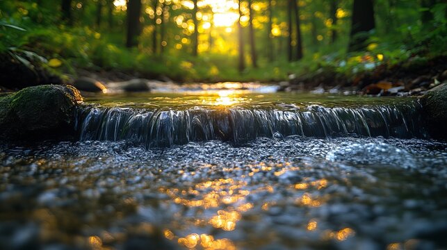 Serene Sunset Golden Light Illuminates Peaceful Forest Stream Water Cascading Over Rocks Nature Scene Tranquil Beauty Photography view calm blue river creek image clear fresh clean