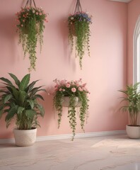 Fototapeta premium Pastel walls, macrame accents, blooming plants, stylish, minimalist