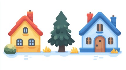 Winter Village Charm: Cute Cartoon Houses in a Snowy Landscape with Pine Tree, Cozy Neighborhood Illustration for Holiday Themes.
