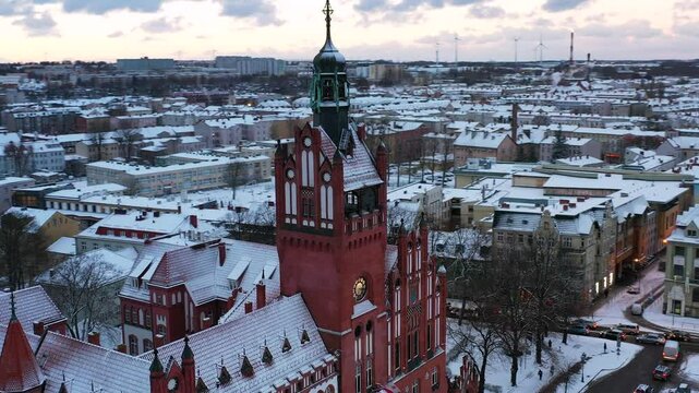 Winter scenery of the city of Slupsk at dusk, Poland.