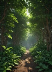 Naklejka premium Intricate network of broad, vibrant green leaves creates a thick, shadowed understory , natural background, leafy